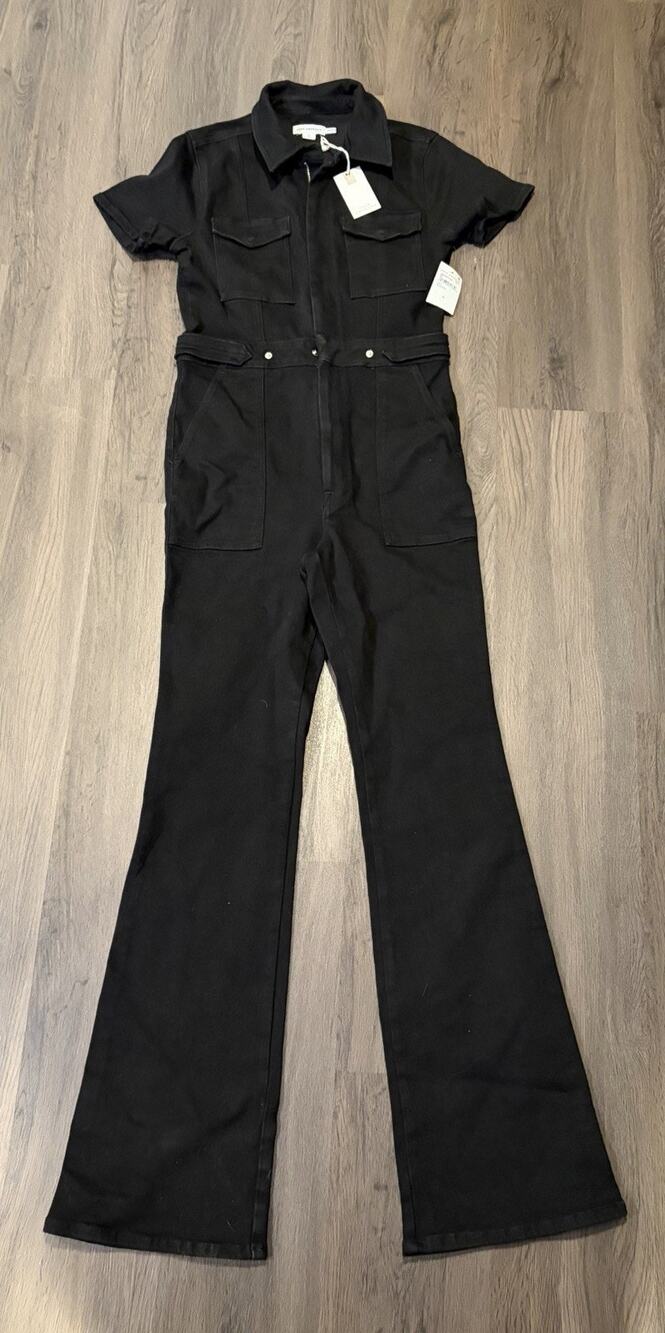 NNWT Good American Black Denim Short Sleeve Zip Front Jumpsuit L Flared Pockets